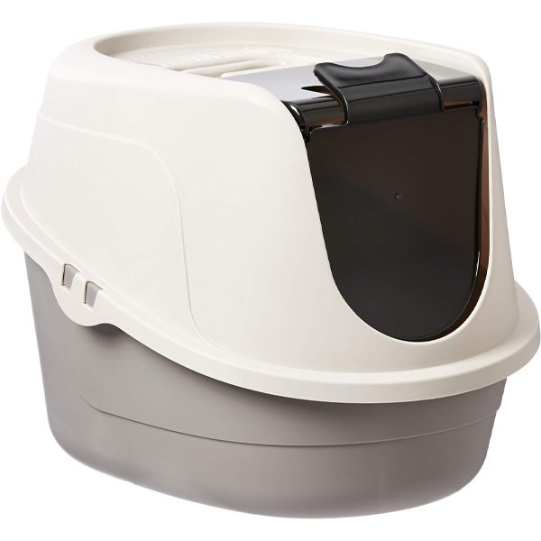 Amazon Basics enclosed hooded cat litter box for odor control and easy cleaning