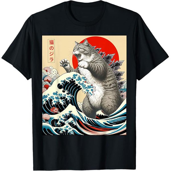 Catzilla Japanese art funny cat T-shirt in black for men, women, and kids – Best Cat Apparel