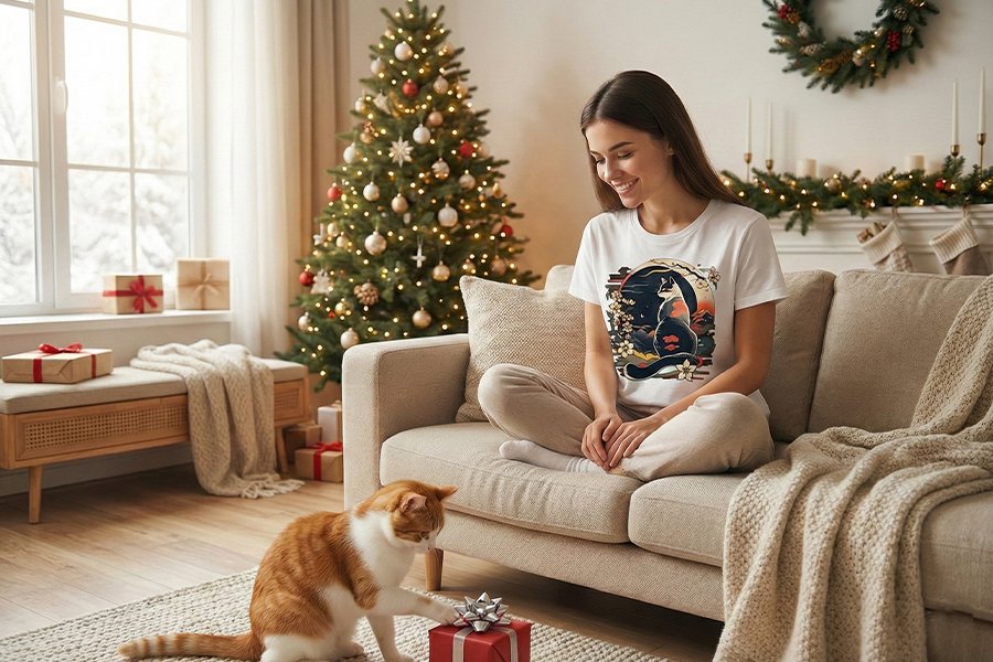 Woman wearing kawaii cat anime Christmas T-shirt, retro Japanese style, funny cat design