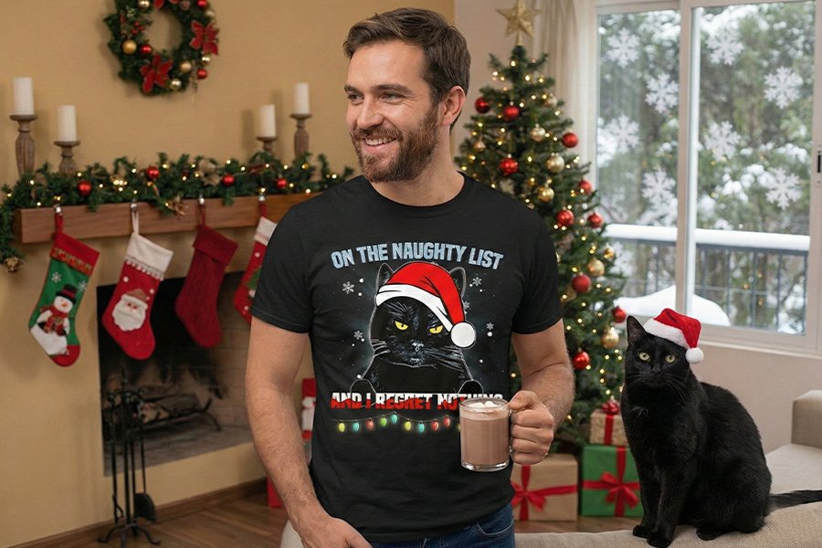 Man wearing On The Naughty List and I Regret Nothing cat Christmas T-shirt, funny holiday design with cat