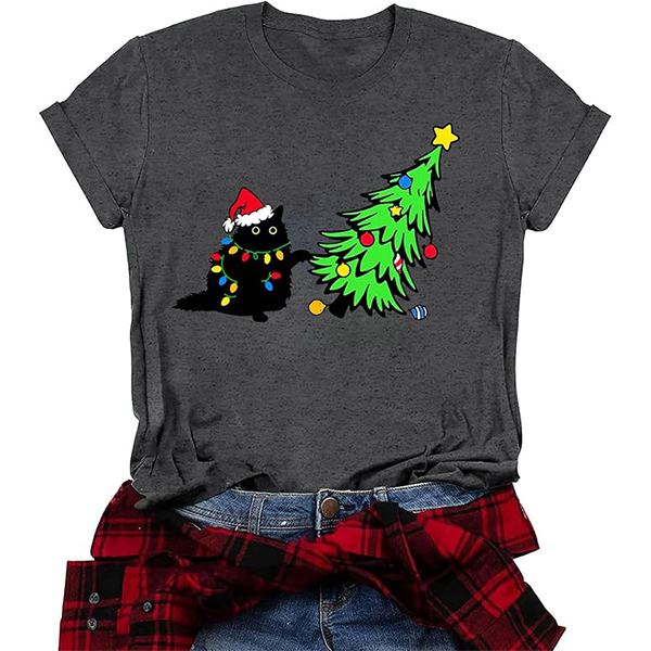 Merry Christmas cat T-shirt, festive holiday design