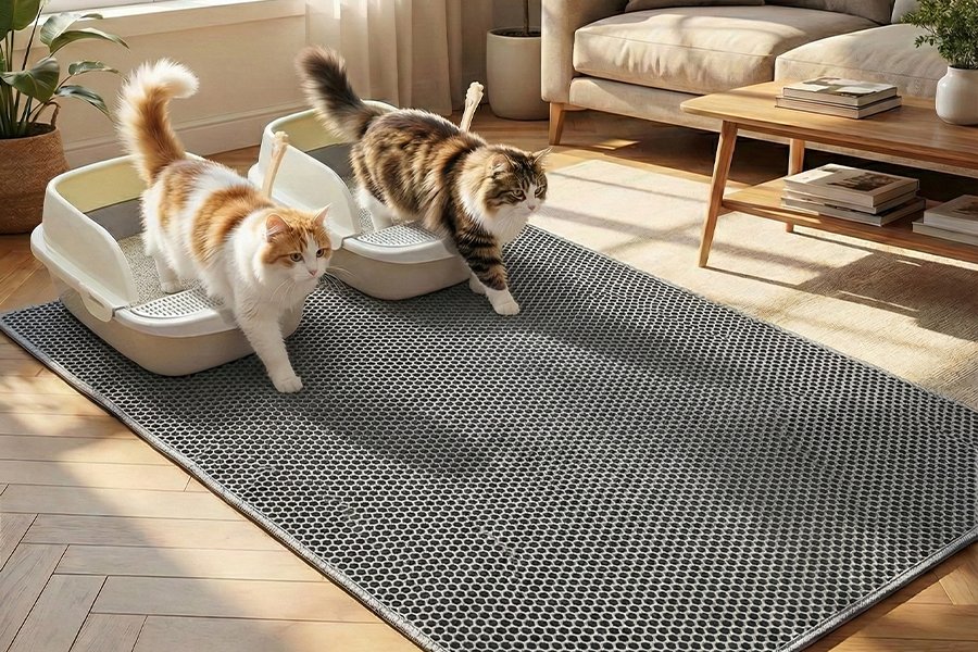 Indoor cats exiting litter boxes with litter mats to trap loose litter