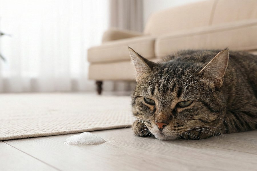 Cat throw up white foam on floor while sick cat lying on ground at home